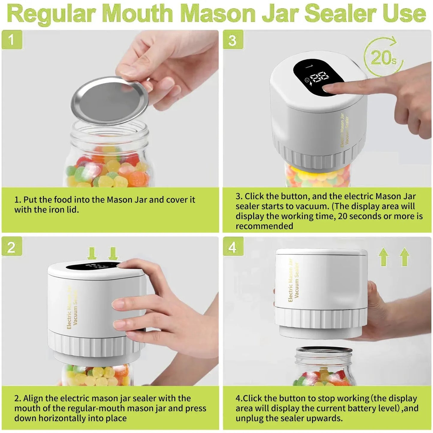 Cordless Electric Mason Jar Vacuum Sealer Kit for Wide-Mouth and Regular-Mouth Jars